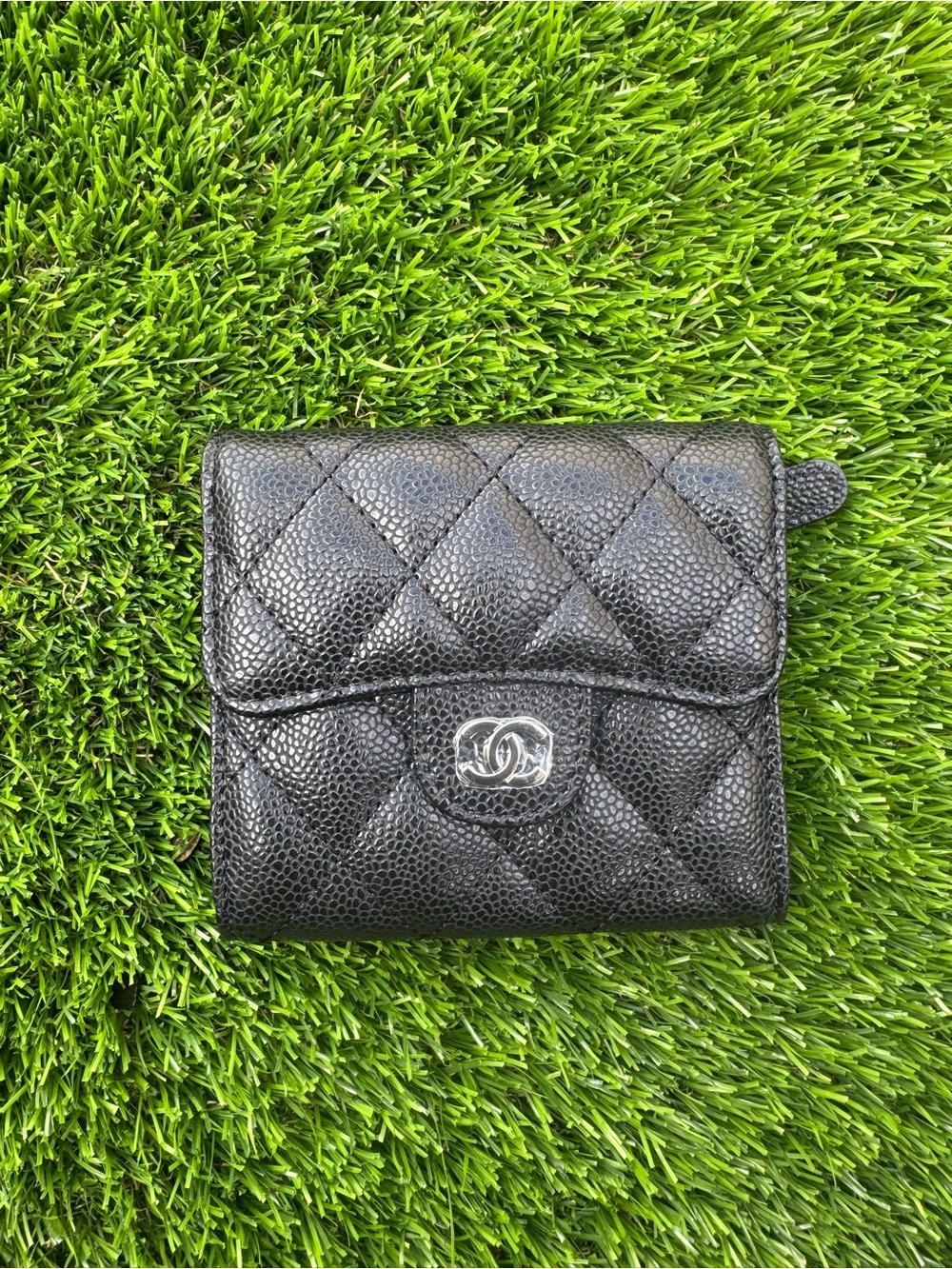 CHANEL Black Quilted Caviar Leather Compact Wallet with Silver CC